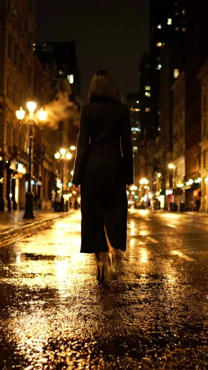 A woman in a long black coat and heels walks away down a wet, lamp-lit city street at night