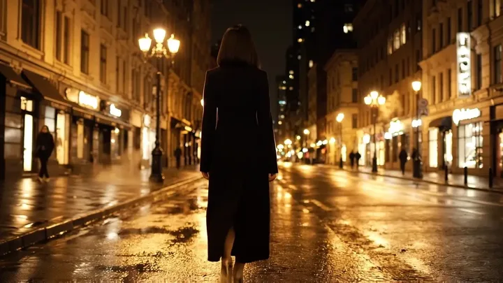 The Spirit of Dare character walking alone through a golden, rain-lit city at night